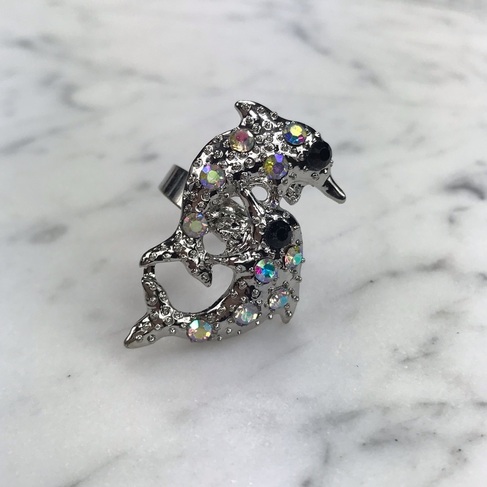 Vtg 90s Y2K 00 rhinestone dolphin ring adjustable